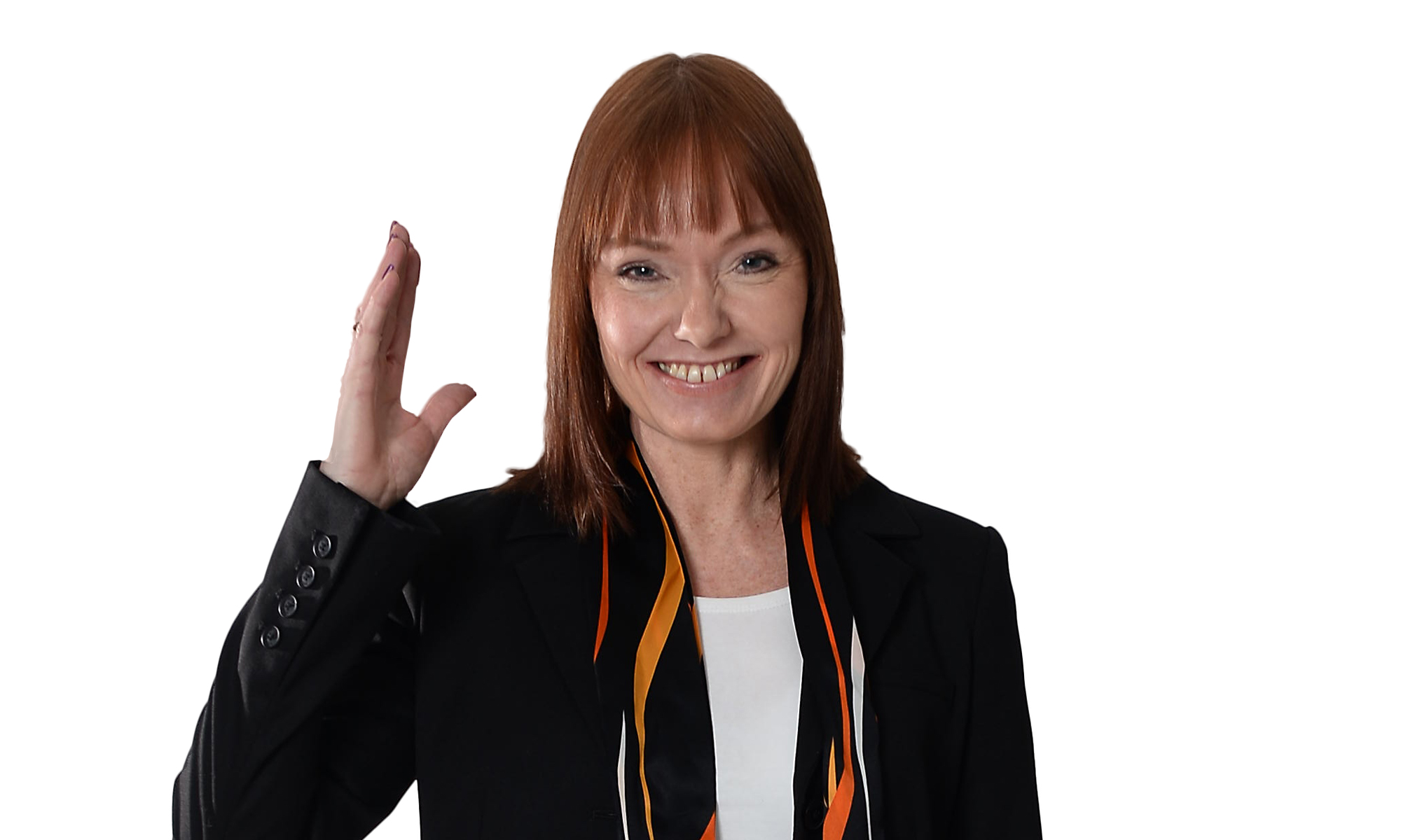 a women with a whit shirt and a black jacket is smiling into the camera